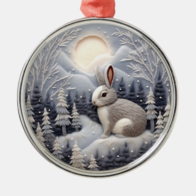 3D Rabbit in Snow Woodland Chirstmas  Metal Tree Decoration (Front)