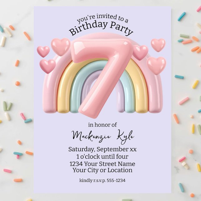 3D Rainbow 7th Birthday Party For Girl Purple Invitation (Creator Uploaded)
