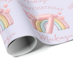 3D Rainbow 7th Birthday Party For Girl Purple Wrapping Paper