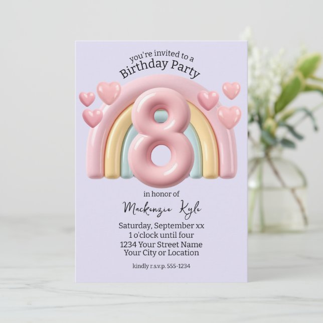 3D Rainbow 8th Birthday Party For Girl Purple Invitation (Standing Front)