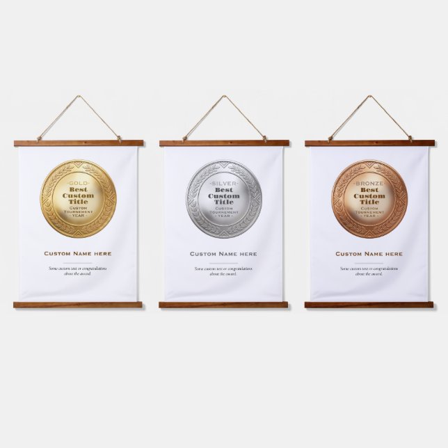 3D Realistic Gold Medal Custom Editable Award Hanging Tapestry (Triple)