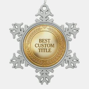 3D Realistic Gold Medal Custom Editable Award Snowflake Pewter Christmas Ornament