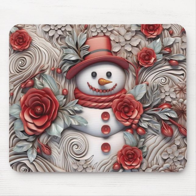 3D Red and Grey Snowman Mouse Mat (Front)