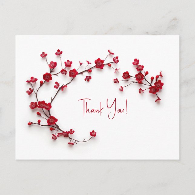 3D Red Cherry Blossoms Thank You Postcard (Front)