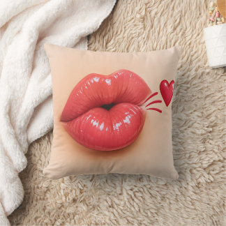3D Red Lips & Heart Kiss Throw Pillow | Romantic V