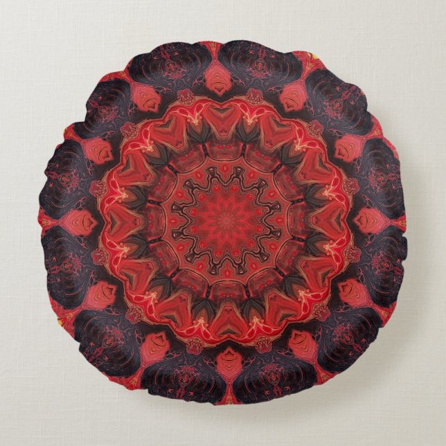 3D Red Mandala Round Throw Pillow (Front)