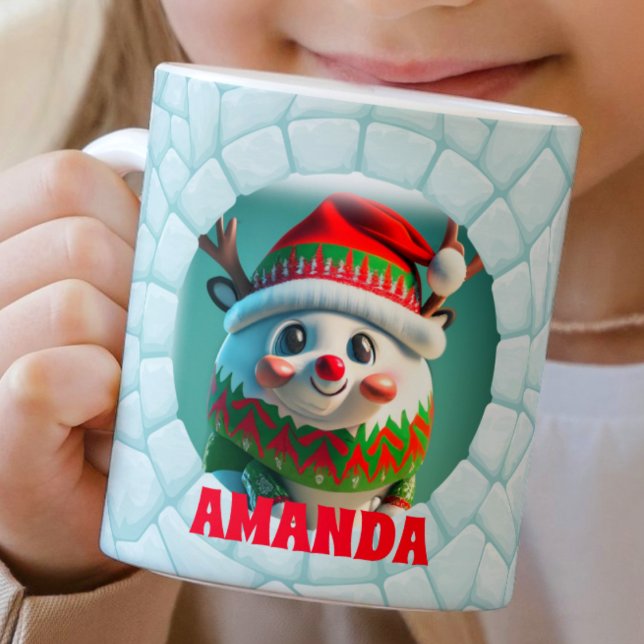 3D Reindeer Christmas Custom Kids Hot Chocolate Coffee Mug (Creator Uploaded)