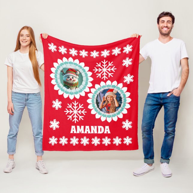 3D Reindeer Christmas Personalised Kids Photo Red Fleece Blanket (In Situ)