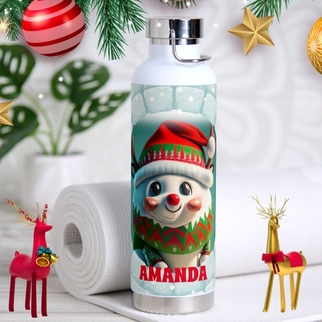 3D Reindeer Christmas Personalised Name Holiday Water Bottle (Creator Uploaded)
