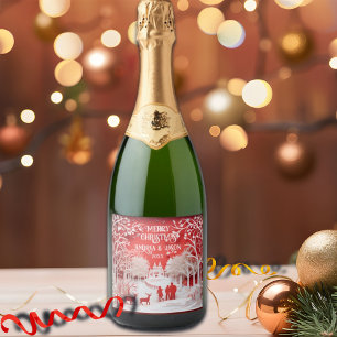 3D Reindeers and People in Village Sparkling Wine Label