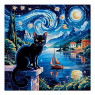 3D Rendering of Art Nouveau Chibi Cat with Crown  Poster