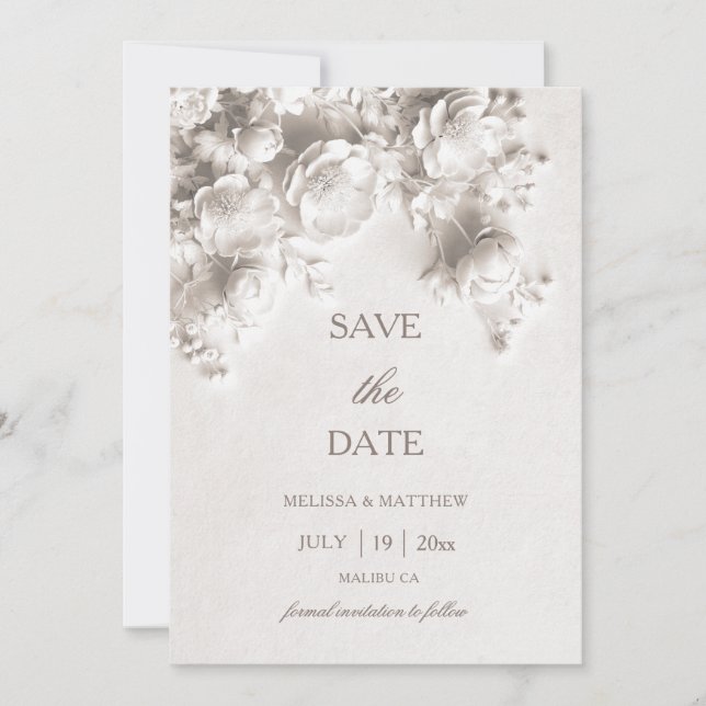 3D Roses Ivory Sculptured Flowers Save The Date (Front)