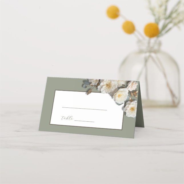 3D Roses Sage Green Wedding Place Card (Front)