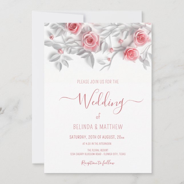  3D Roses Simple White Floral Wedding Invitation (Front)