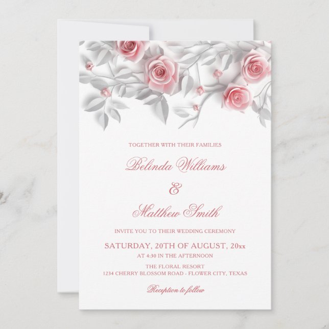  3D Roses Simple White Floral Wedding Invitation (Front)