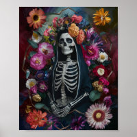 3D Santa Muerte with Colourful Flowers Poster