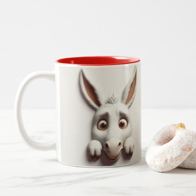 3D Scared Donkey Funny Animals  Two-Tone Coffee Mug (With Donut)