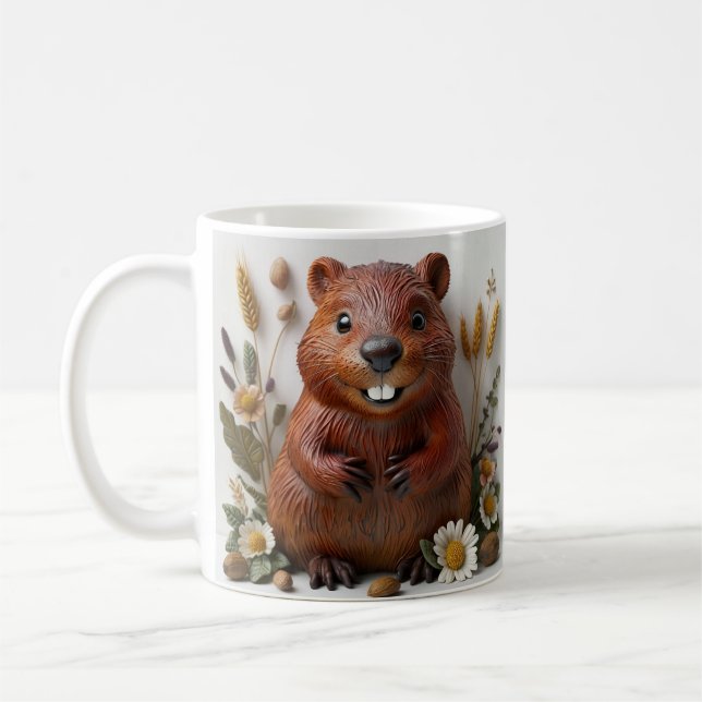 3D Sculpture Of A Cheerful Beaver With Flowers Coffee Mug (Left)
