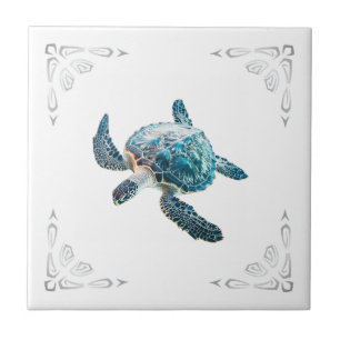 3D Sea Turtle White Coastal Tile