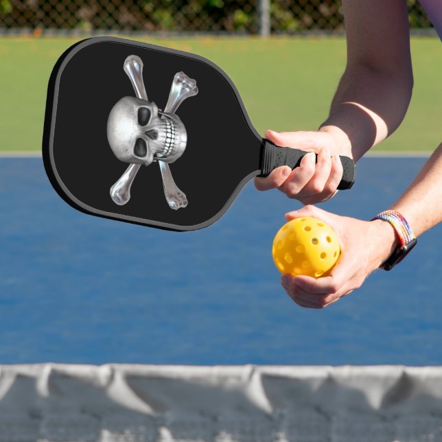 3D Silver Metal Skull And Crossbones Pickleball Paddle (Insitu)