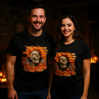 3d Skeleton Poking Through a Broken wall Design T-Shirt