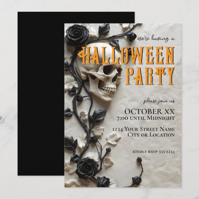 3D Skull & Black Roses Halloween Party Invitation (Front/Back)