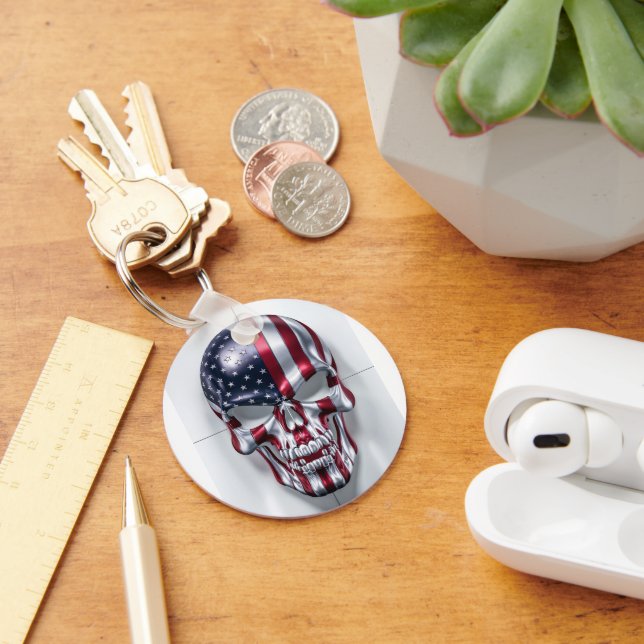 3D Skull with American Flag Skin Key Ring (Desk)