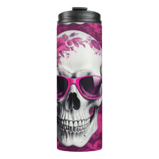 3D skull with fuchsia floral design & sunglasses Thermal Tumbler
