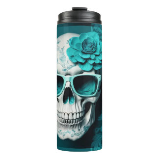 3D skull with teal floral design and sunglasses Thermal Tumbler