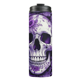 3D skull with violet flowers floral design Thermal Tumbler