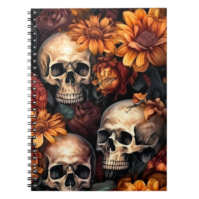 3D Skulls and Autumn Flowers Notebook (Front)