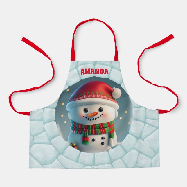3D Snowman Christmas Personalised Kids Apron (Front)