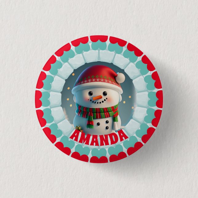 3D Snowman Christmas Personalised Name Holiday 3 Cm Round Badge (Front)