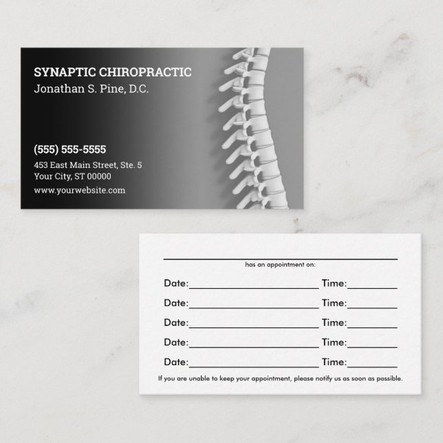 3D Spine Black Grey Chiropractic Appointment Cards (Front/Back)