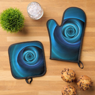 3D Spiral Blue Colors Modern Abstract Fractal Art Oven Mitt & Pot Holder Set