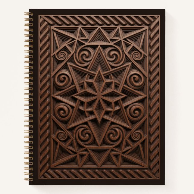 3D Spiral Star Mandala Wood Carved Journal (Front)