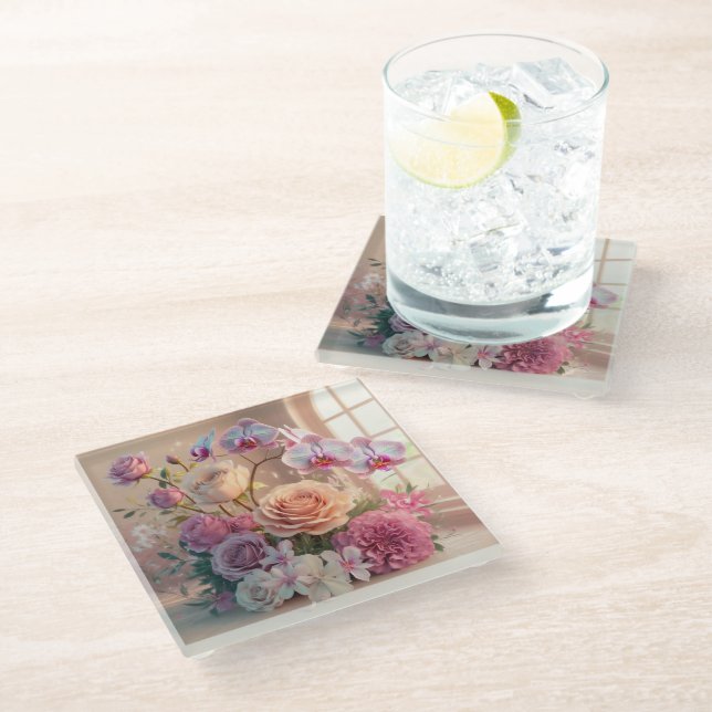 3D Spring Flowers Greeting Card with Roses  Glass Coaster (Angled)