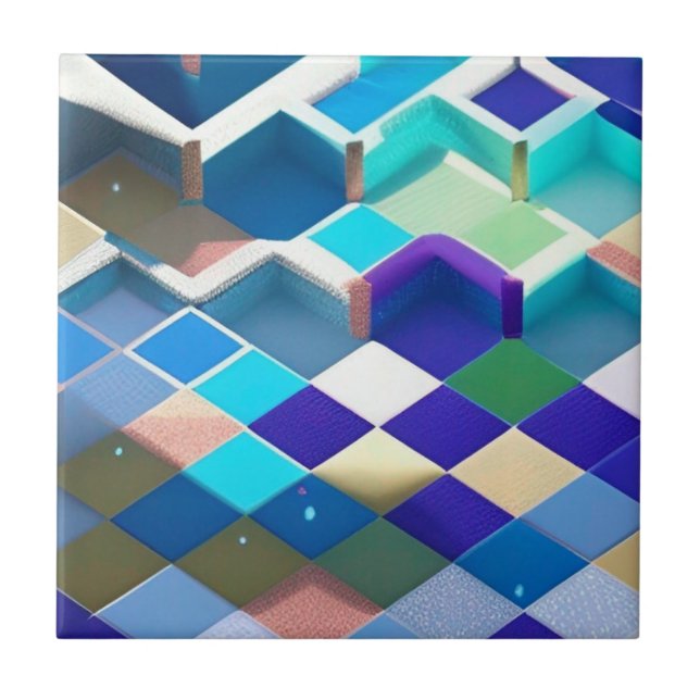 3D squares blue purple green aqua geometric art Tile (Front)
