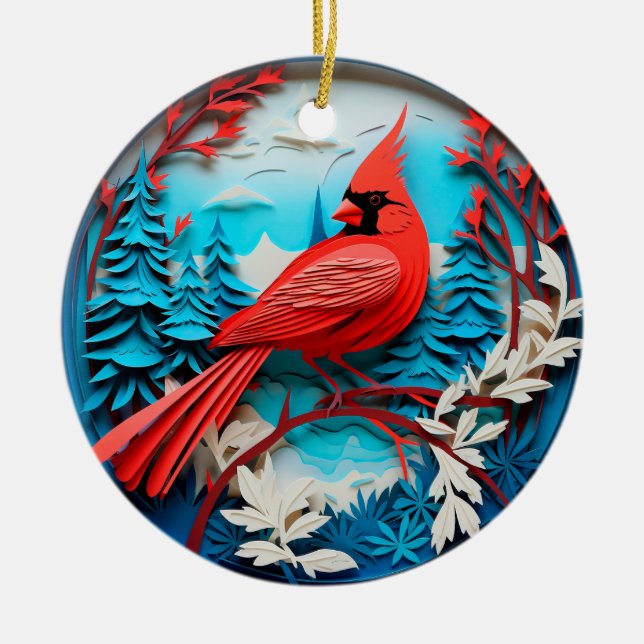 3D Style Cardinal Birds Country Christmas Holiday Ceramic Tree Decoration (Front)