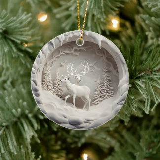 3D Style Deer Buck Country Cabin Christmas Holiday Ceramic Tree Decoration