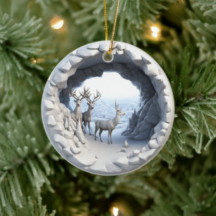 3D Style Deer Bucks Winter Christmas Holiday Ceramic Tree Decoration
