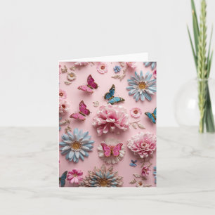 3D Style. Pink, Flowers & Butterflies Blank Card