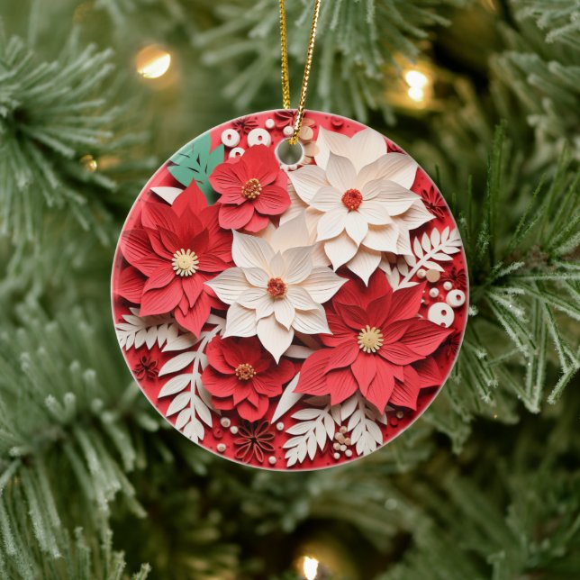 3D Style Poinsettia Flowers Christmas Holiday Ceramic Tree Decoration (Tree)
