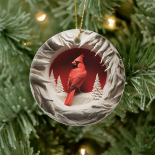 3D Style Red Cardinal Bird Christmas Holiday Ceramic Tree Decoration