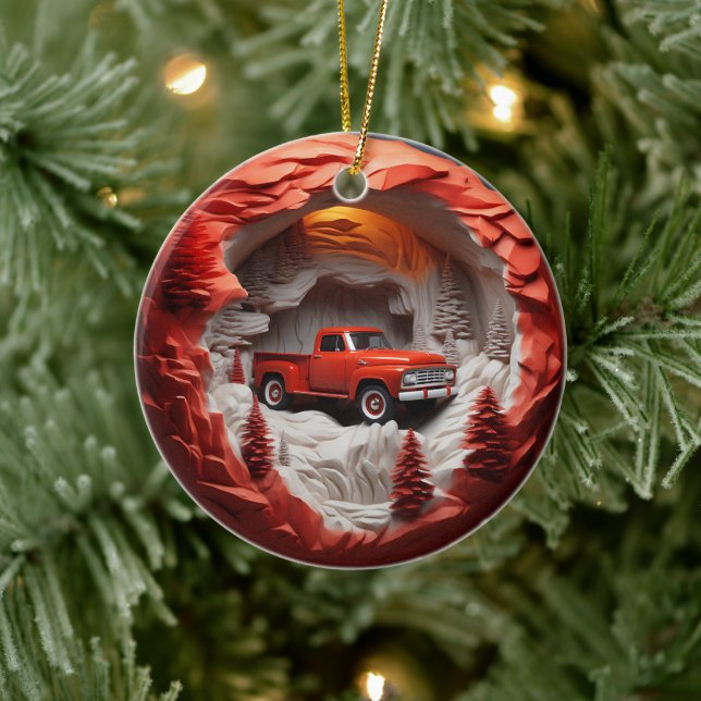 3D Style Red Pickup Truck Christmas Holiday Ceramic Tree Decoration (Tree)