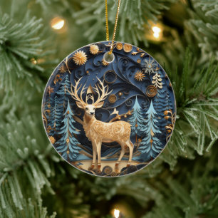 3D Style Winter Gold Deer Buck Christmas Holiday Ceramic Tree Decoration