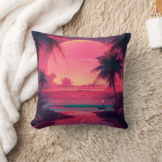 3d sunset on the beach. Retro palms  Cushion (Blanket)