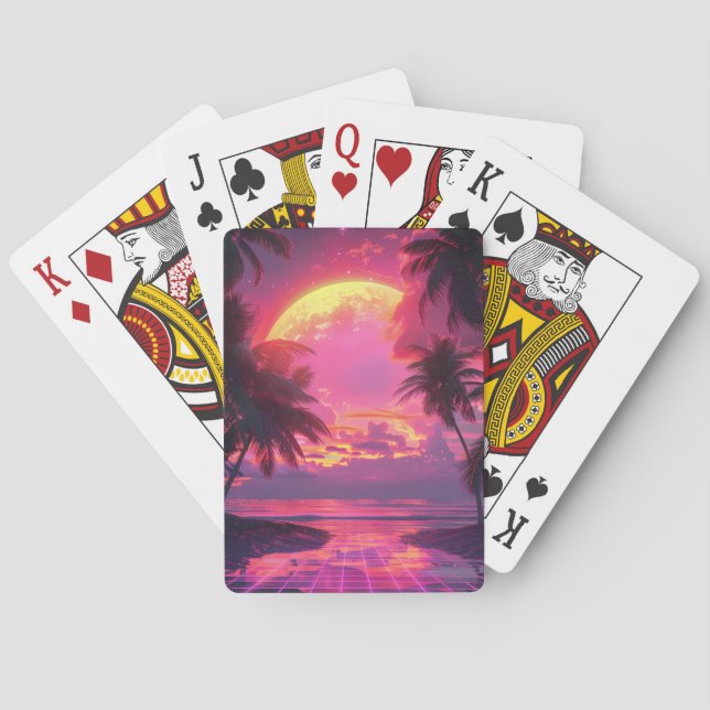 3d sunset on the beach. Retro palms  Playing Cards (Back)