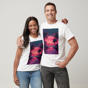 3d sunset on the beach. Retro palms T-Shirt