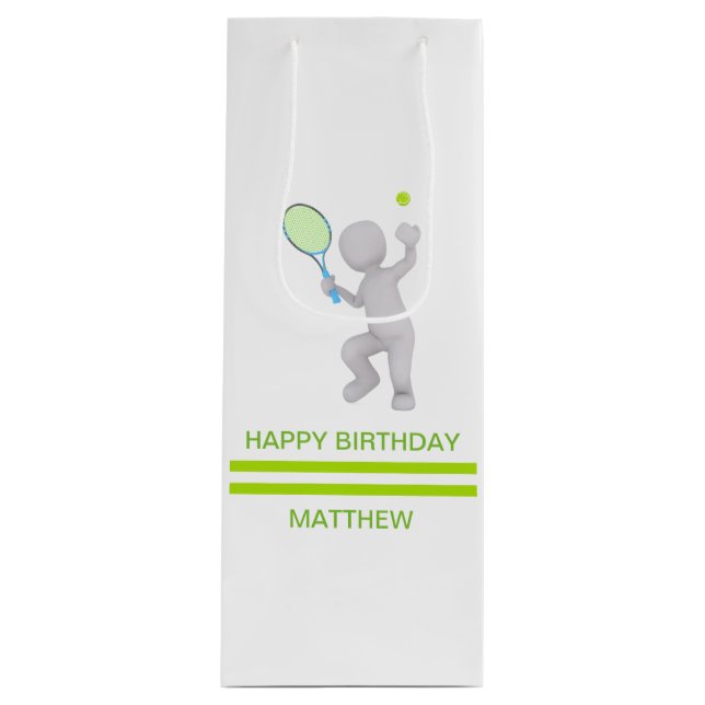 3D Tennis Player Tennis Racket Ball Personalised Wine Gift Bag (Front)